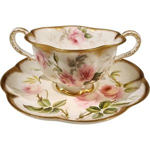 Antique Crown Staffordshire Double Handle Soup Cup & Saucer Pink Roses Gold Trim England