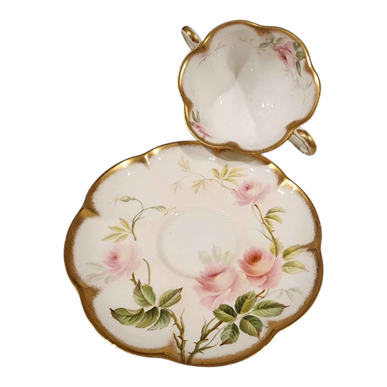 Antique Crown Staffordshire Double Handle Soup Cup & Saucer Pink Roses Gold Trim England