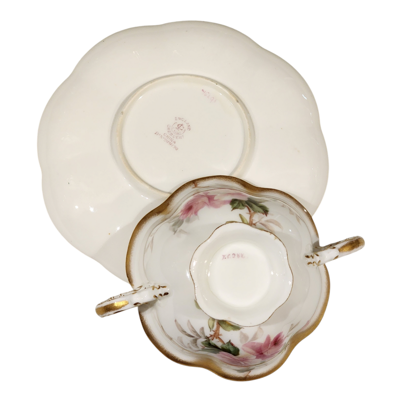 Antique Crown Staffordshire Double Handle Soup Cup & Saucer Pink Roses Gold Trim England