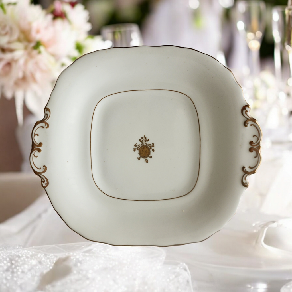 Antique Davenport Longport Staffordshire Handled Square Serving Dish Victorian Porcelain with Gold Medallion & Scroll Gilt c.1860s