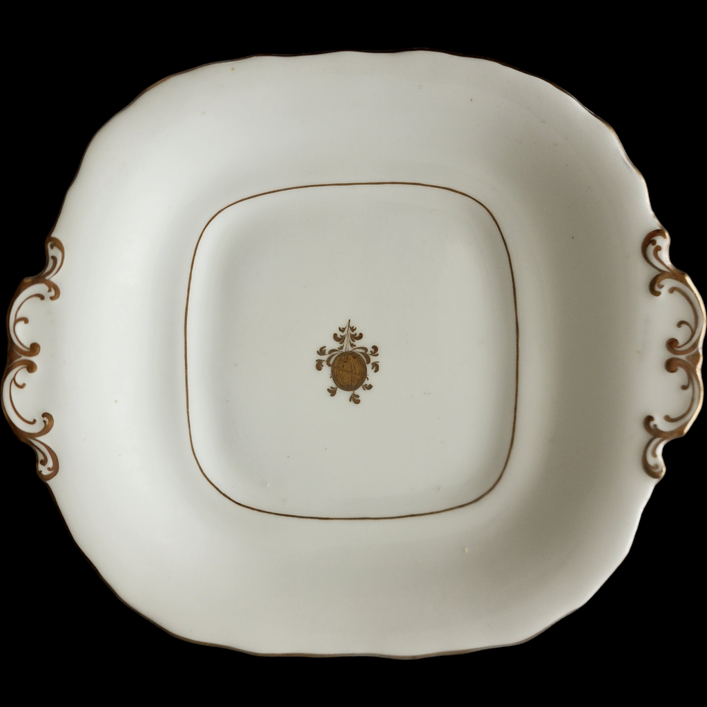 Antique Davenport Longport Staffordshire Handled Square Serving Dish Victorian Porcelain with Gold Medallion & Scroll Gilt c.1860s