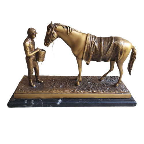 Antique Delaware Park Bronze Statue Horse with Jockey Feeding the Horse on Marble Base