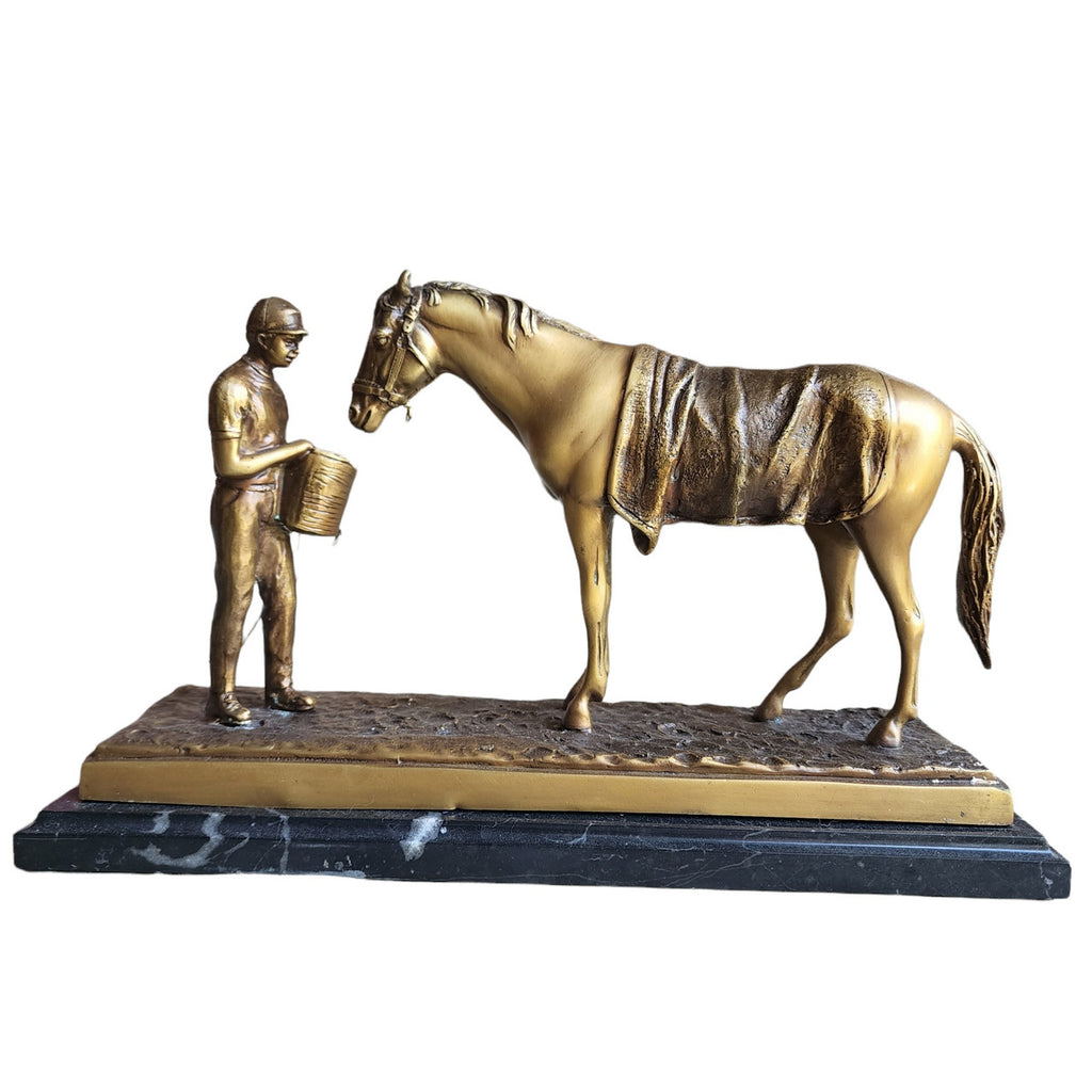 Antique Delaware Park Bronze Statue Horse with Jockey Feeding the Horse on Marble Base
