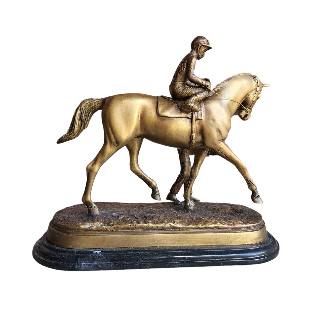 Antique Delaware Park Bronze Statue Horse with Jockey on Marble Base