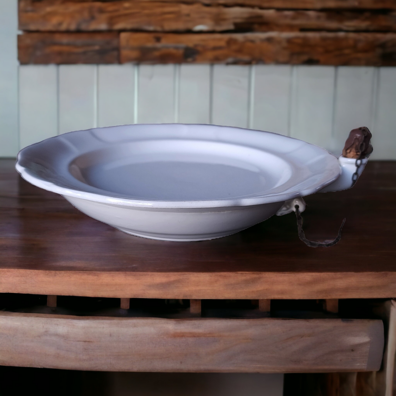 Antique Earthenware White Ironstone Warming Dish With Water Reservoir