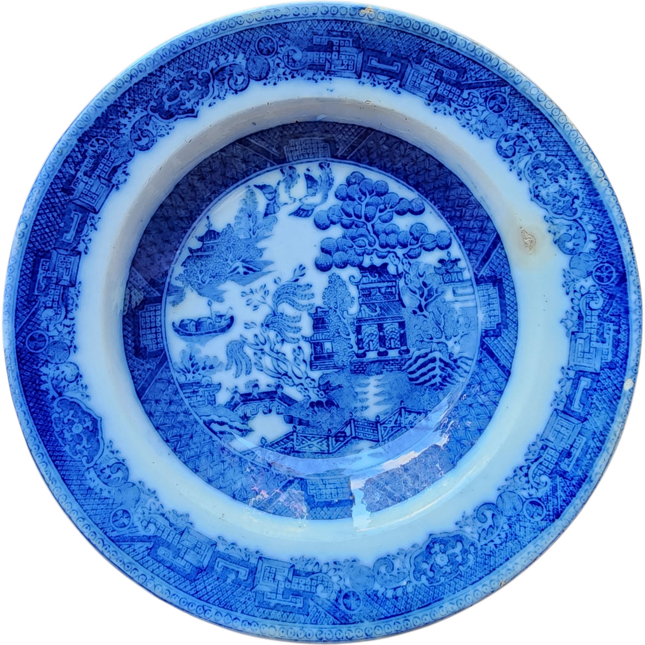 9" Antique English Willow Pattern Blue Transferware Soup Plate Royal Arms Mark, c.1860s–1890s