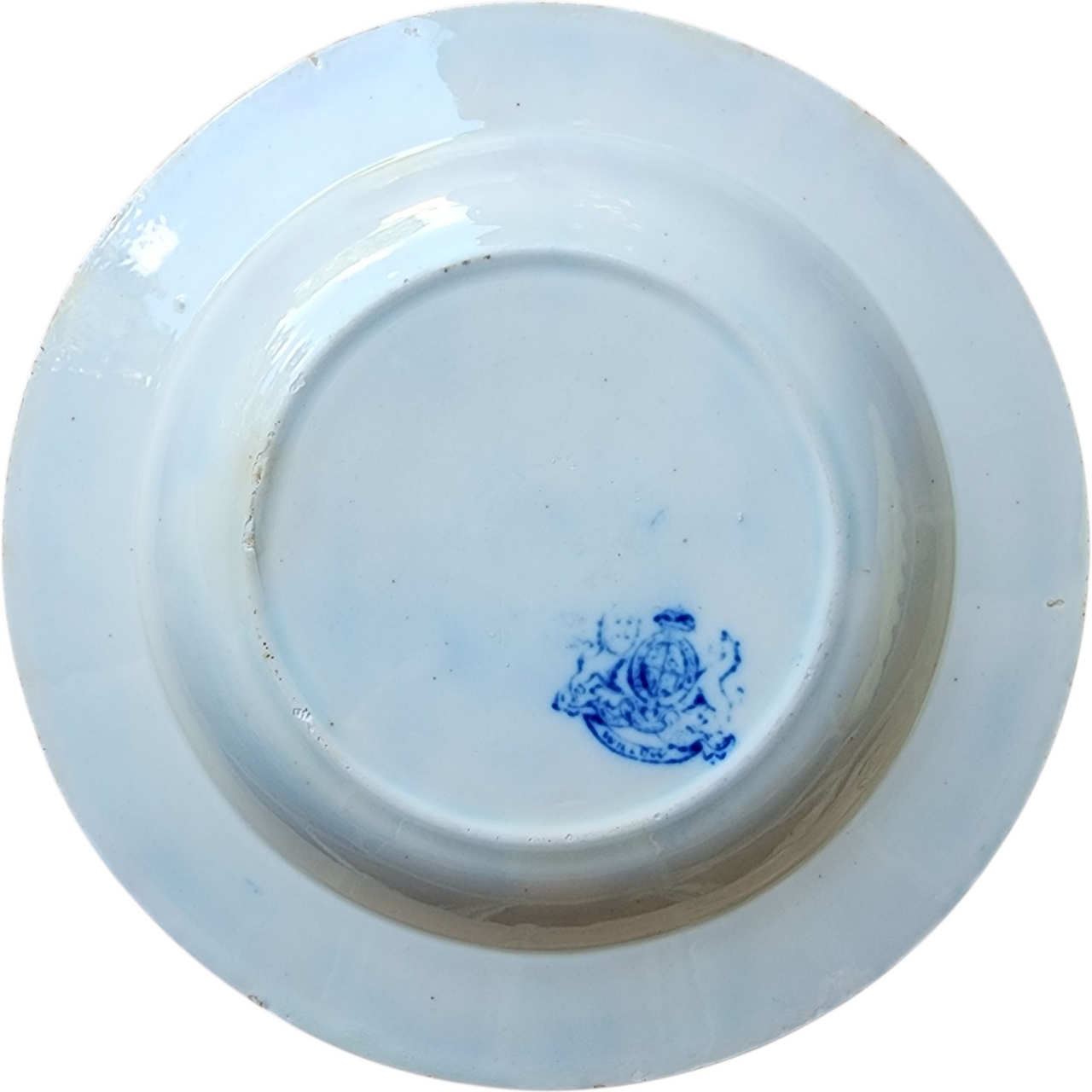 Antique English Willow Pattern Blue Transferware Soup Plate Royal Arms Mark, c.1860s–1890s