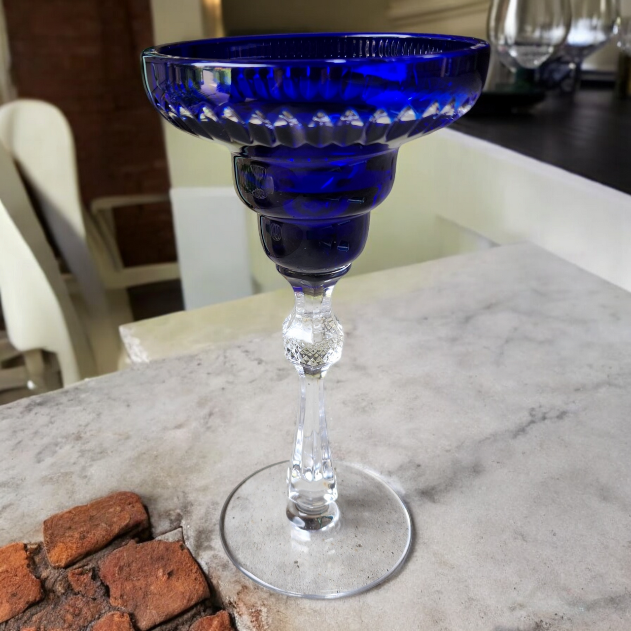 Antique European Glassware Cobalt Blue Crystal Goblet with Faceted Stem