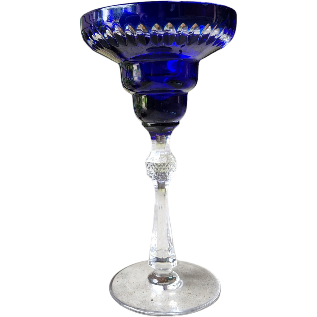 Antique European Glassware Cobalt Blue Crystal Goblet with Faceted Stem