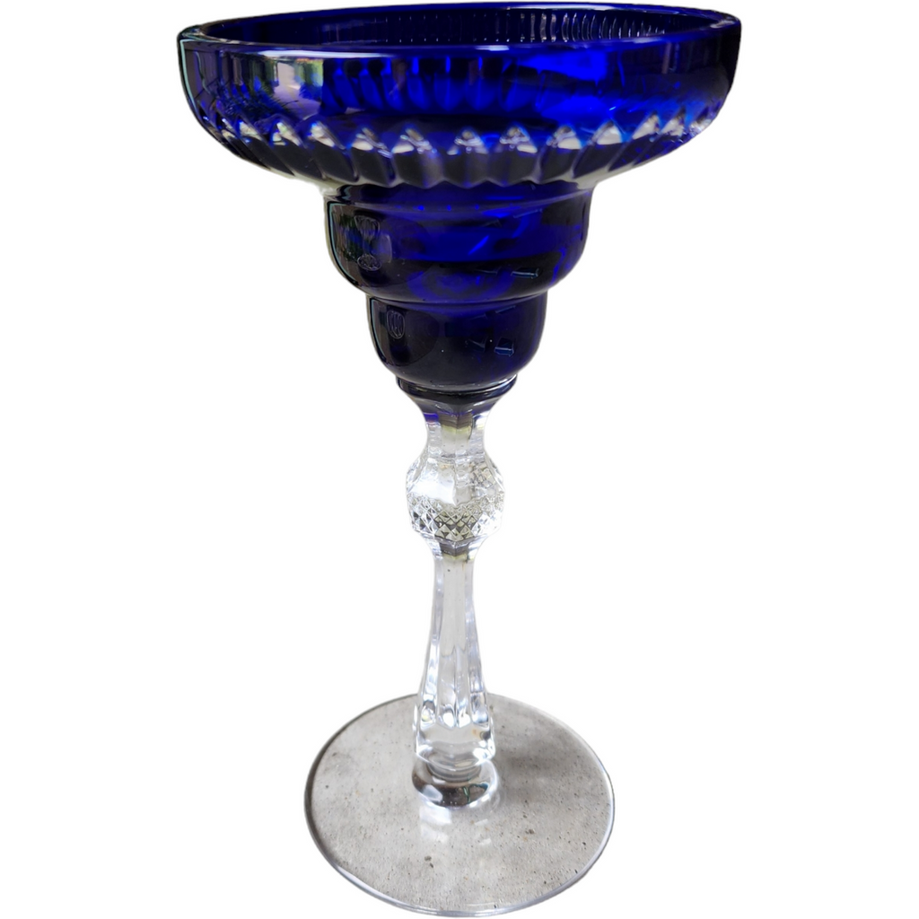 Antique European Glassware Cobalt Blue Crystal Goblet with Faceted Stem