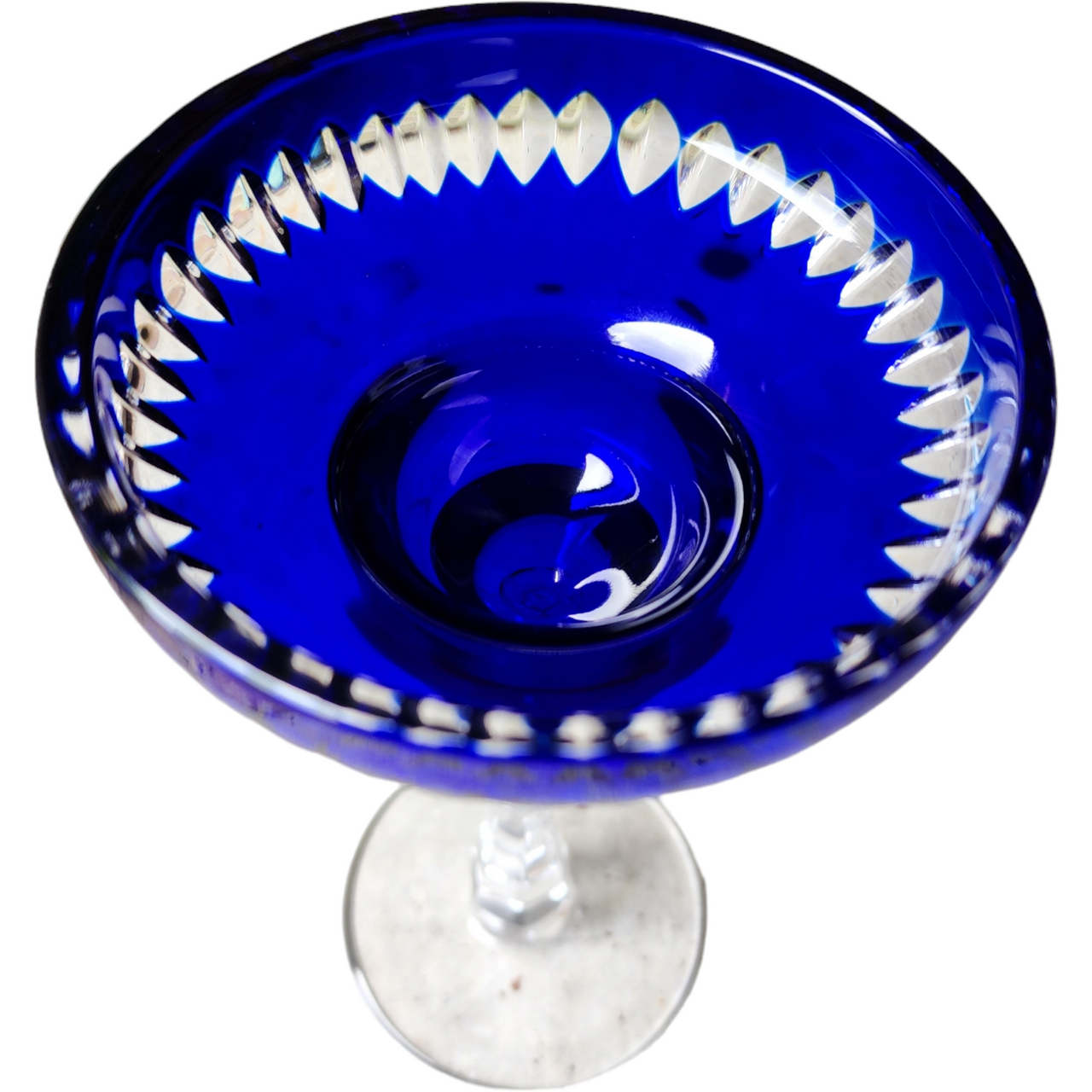 Antique European Glassware Cobalt Blue Crystal Goblet with Faceted Stem