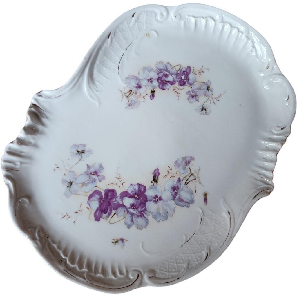 Antique Floral Porcelain Purple Pansies with Ornate Embossed Details Serving Platter