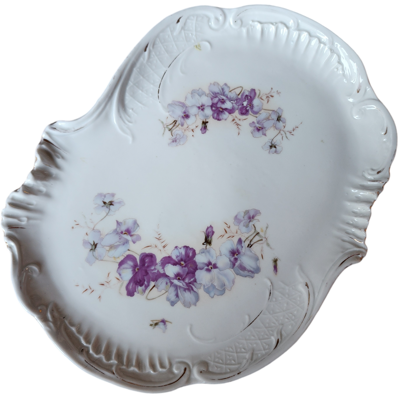 Antique Floral Porcelain Purple Pansies with Ornate Embossed Details Serving Platter