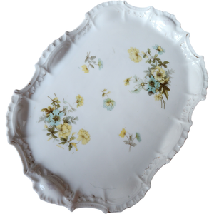 Antique Floral Porcelain Yellow and Blue Flowers with Ornate Embossed Details Serving Platter