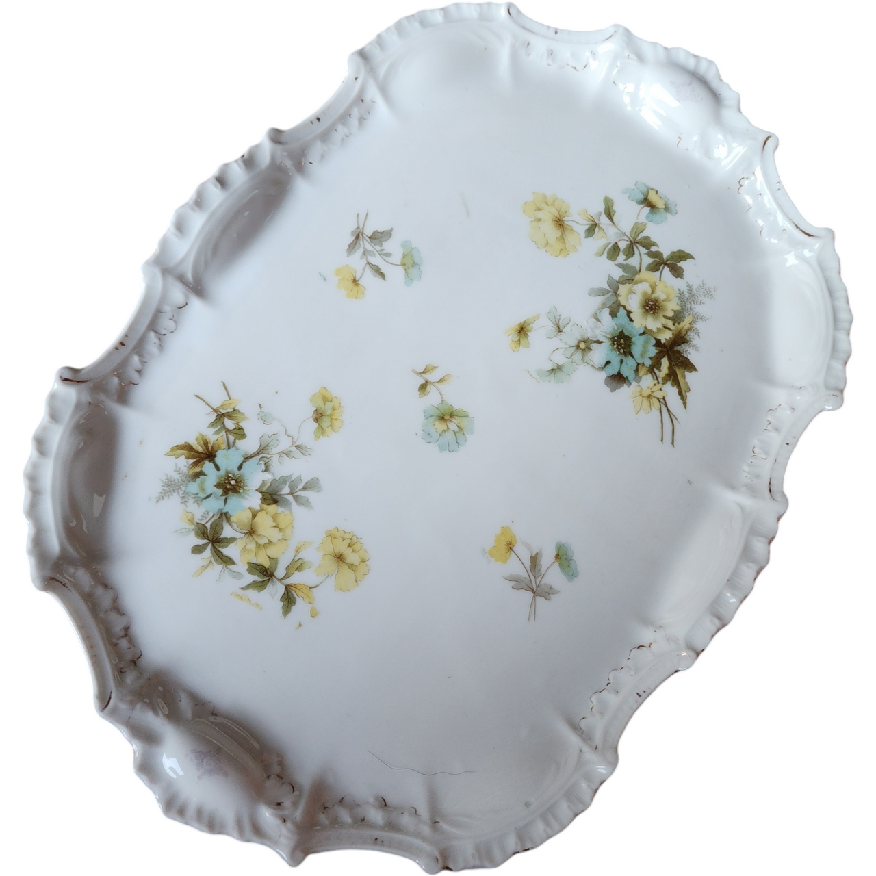 Antique Floral Porcelain Yellow and Blue Flowers with Ornate Embossed Details Serving Platter