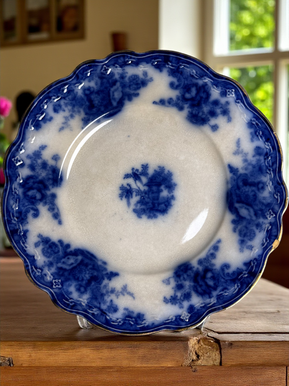 Antique  Arthur J Wilkinson Flow Blue Plate Scalloped Edge Floral Transferware with Gold Trim Early 1900s Collectible Porcelain Dish
