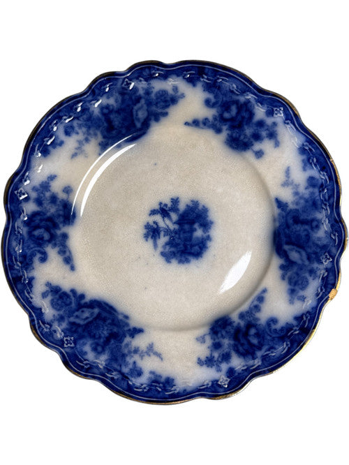 Antique  Arthur J Wilkinson Flow Blue Plate Scalloped Edge Floral Transferware with Gold Trim Early 1900s Collectible Porcelain Dish