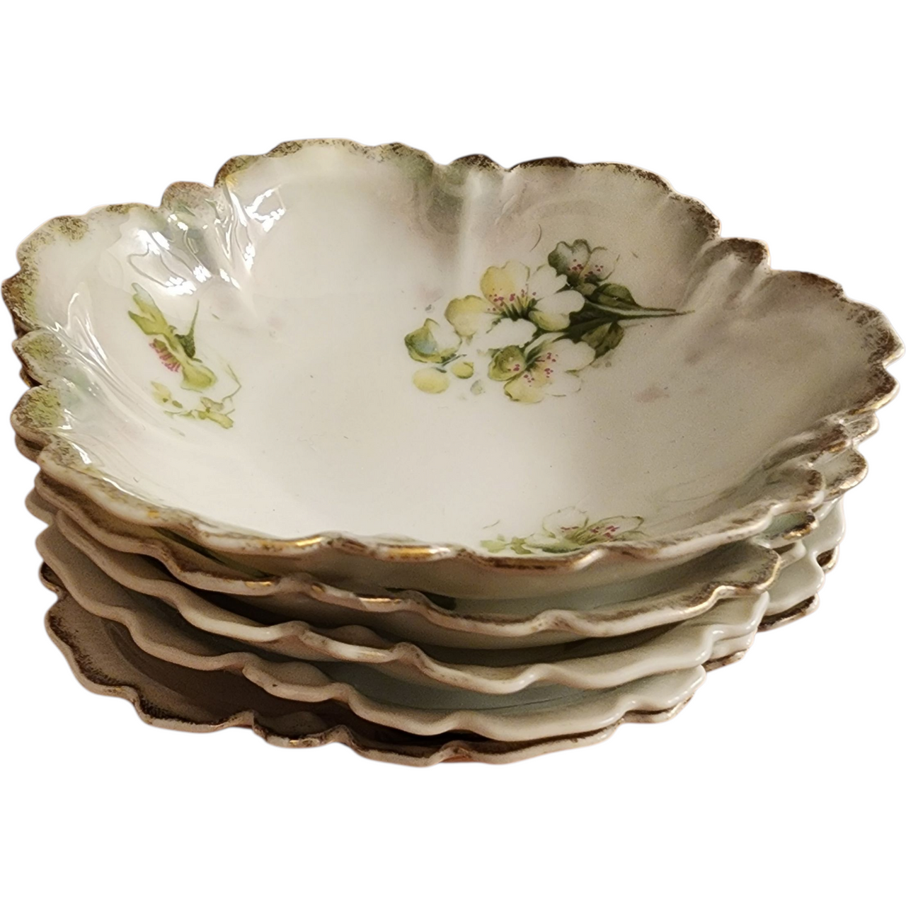 Antique German Porcelain Berry Bowls Set of 5 Hand Painted Floral with Gold Trim Scalloped Edge