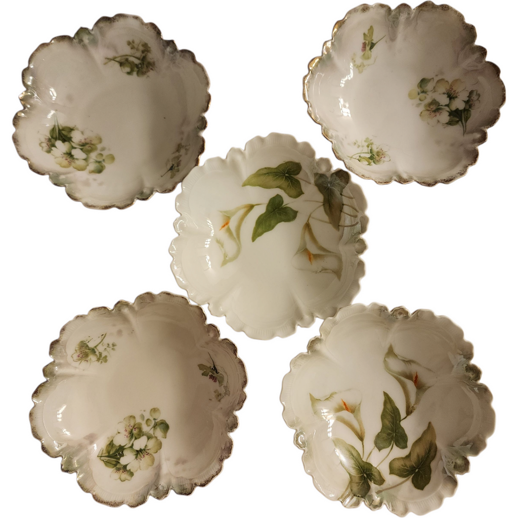 Antique German Porcelain Berry Bowls Set of 5 Hand Painted Floral with Gold Trim Scalloped Edge