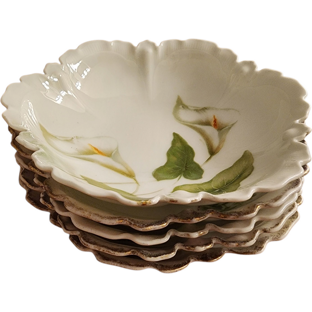 Antique German Porcelain Berry Bowls Set of 5 Hand Painted Floral with Gold Trim Scalloped Edge