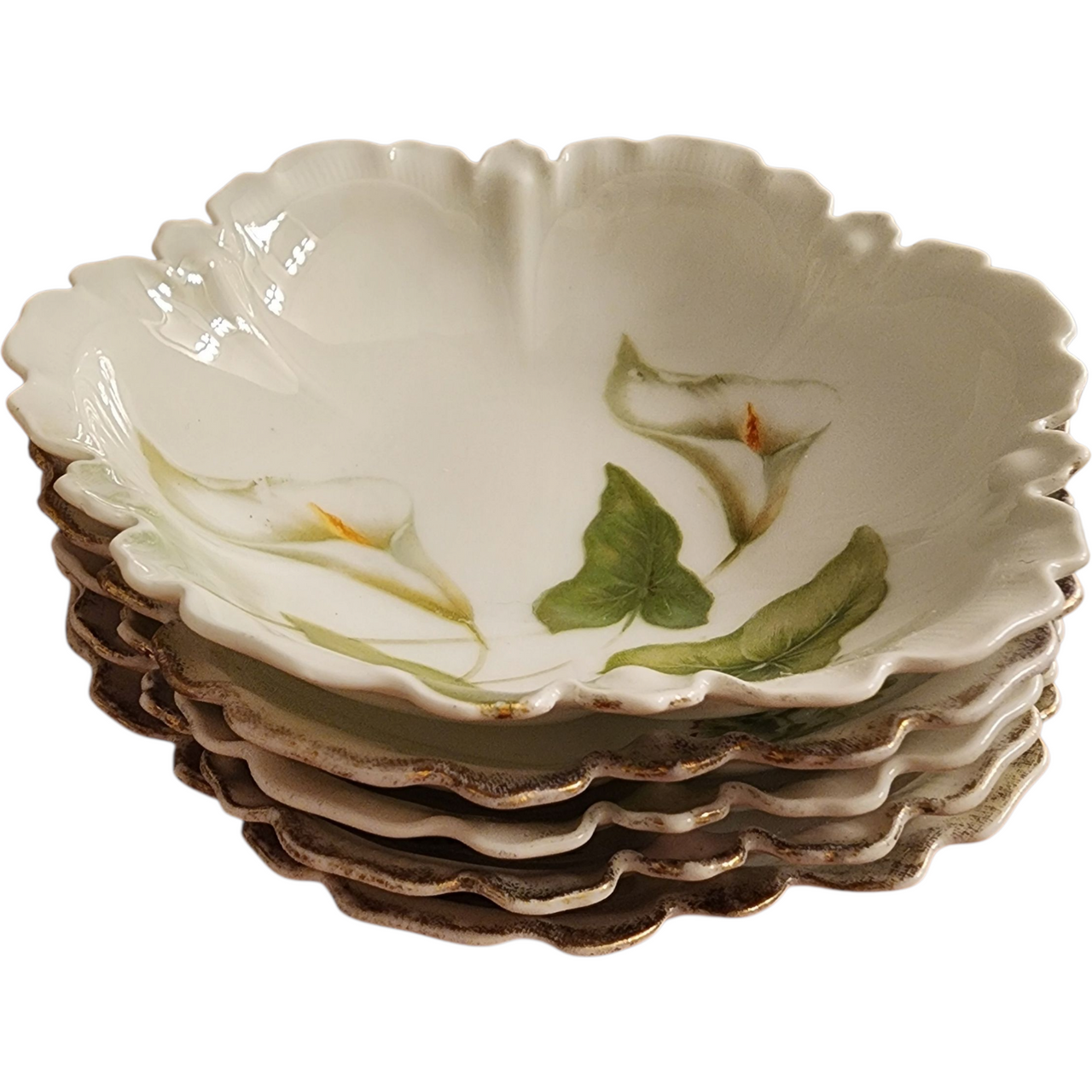Antique German Porcelain Berry Bowls Set of 5 Hand Painted Floral with Gold Trim Scalloped Edge