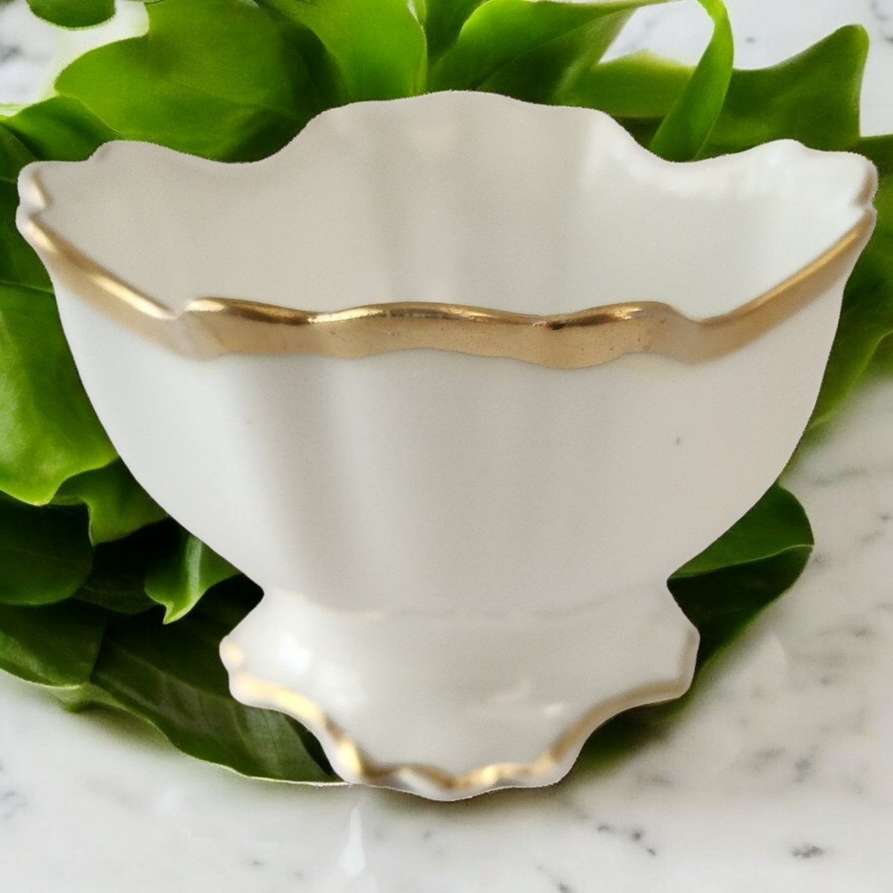 Vintage  Cartwright & Edwards German Porcelain Sugar Bowl White & Gold Scalloped Pedestal Dish Antique European Porcelain
