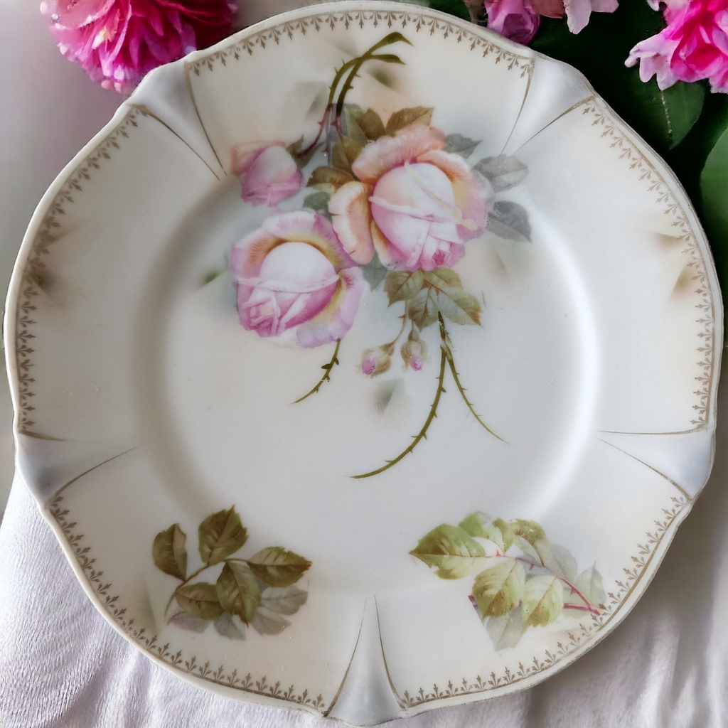 Antique Porcelain Hand Painted Rose Flower Scalloped Plate Germany