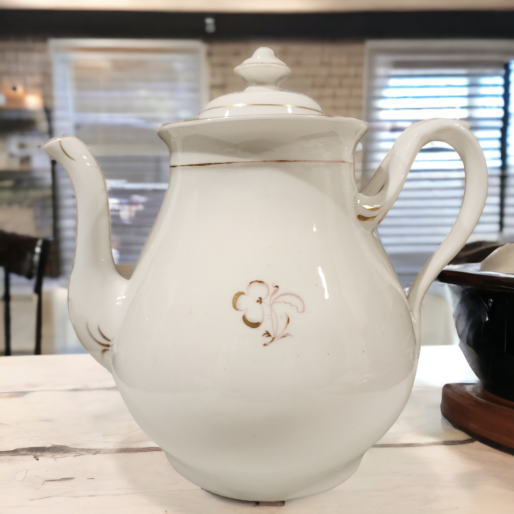 Antique Gold Gilded Ironstone Earthenware Unmarked Floral Tea Pot 48+ Oz