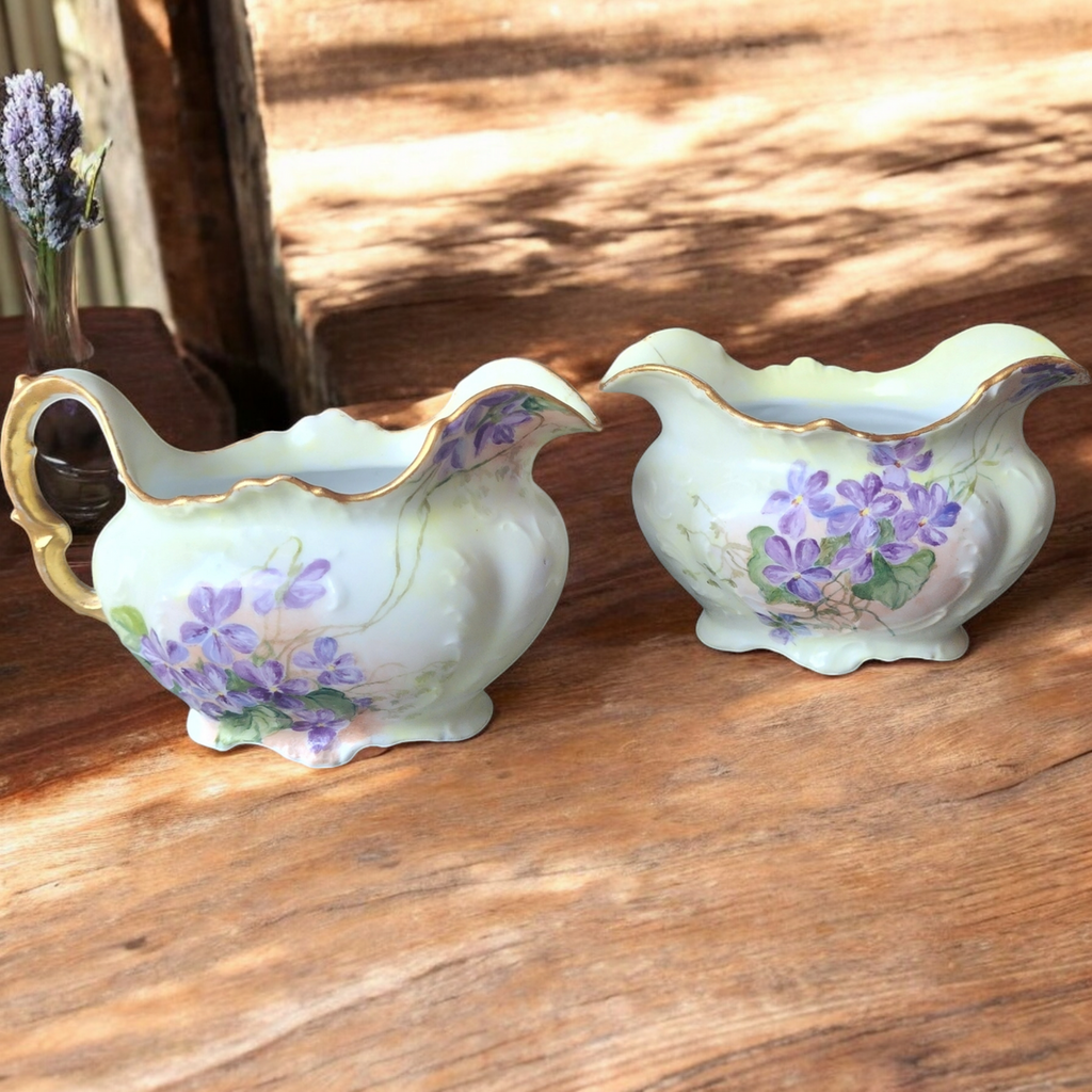Antique Hand-Painted Creamer & Sugar Set with Purple Violets and Gold Trim
