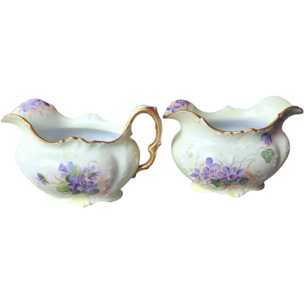 Antique Hand-Painted Creamer & Sugar Set with Purple Violets and Gold Trim