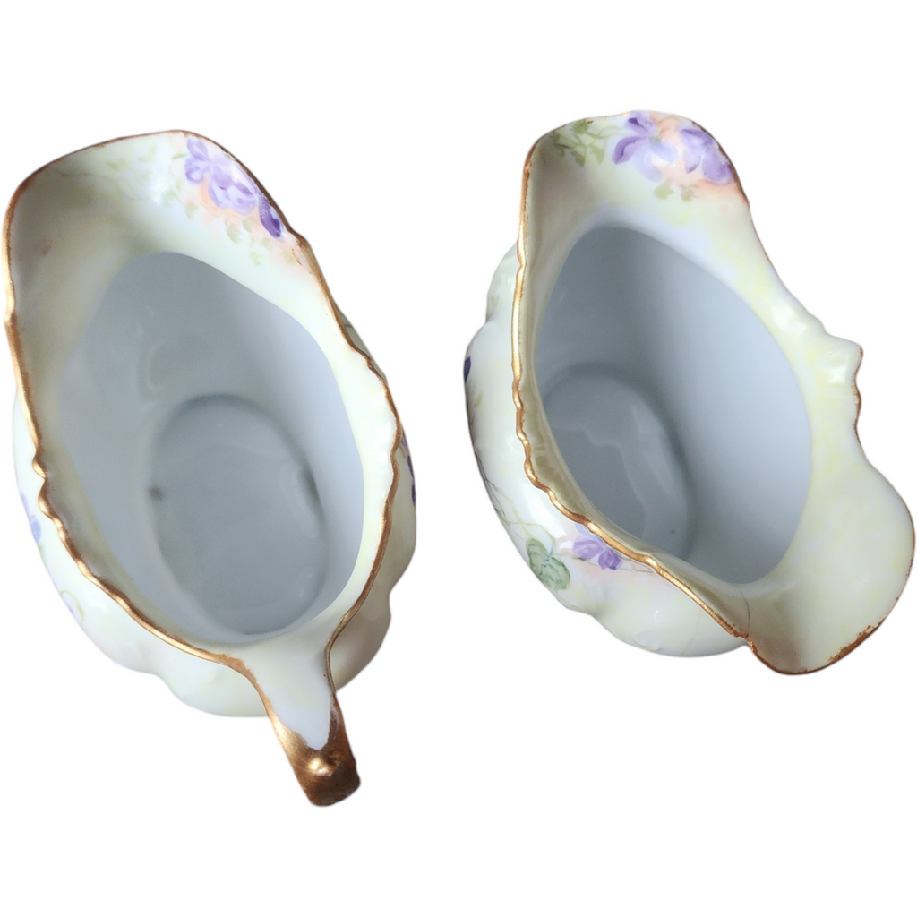 Antique Hand-Painted Creamer & Sugar Set with Purple Violets and Gold Trim