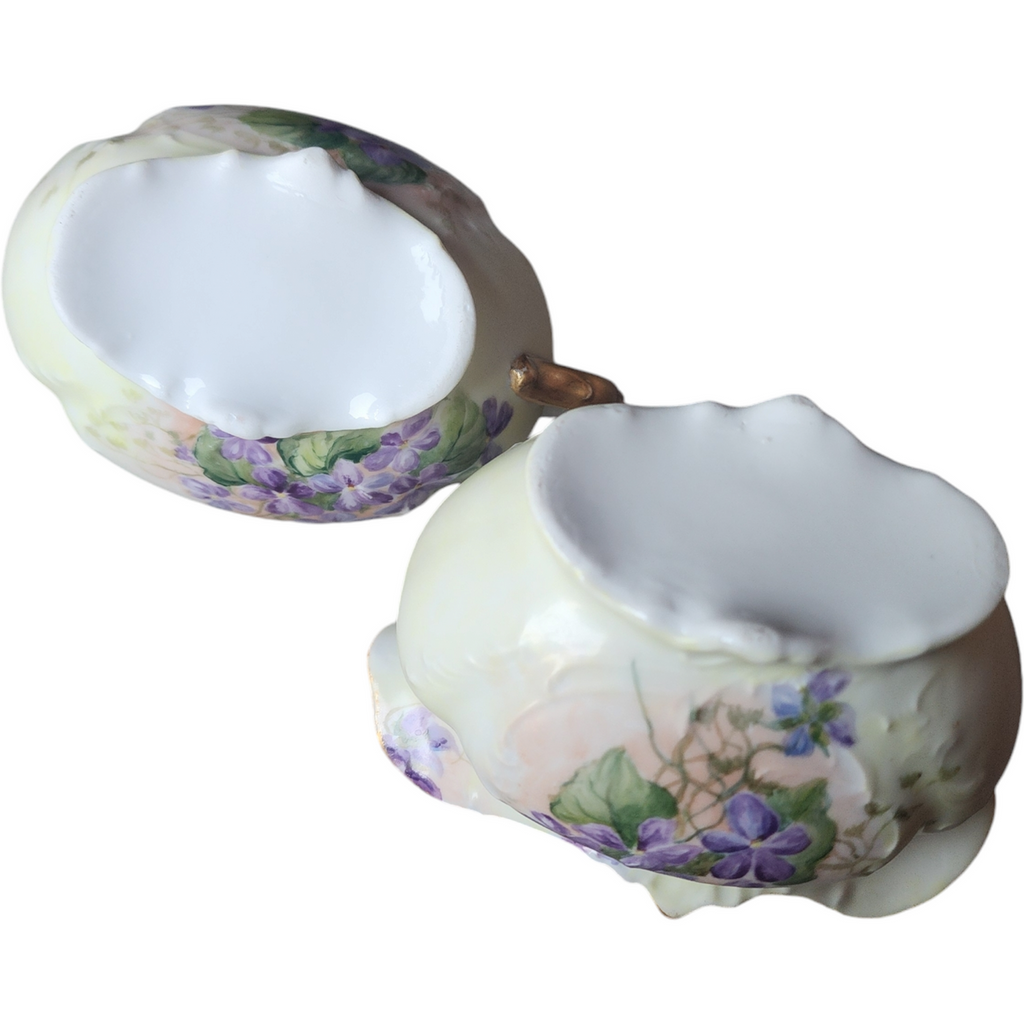 Antique Hand-Painted Creamer & Sugar Set with Purple Violets and Gold Trim