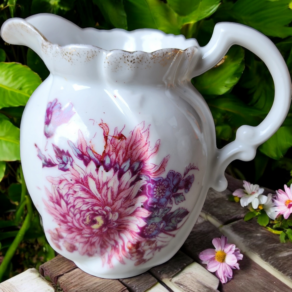 Antique European Hand-Painted Floral Ceramic Creamer