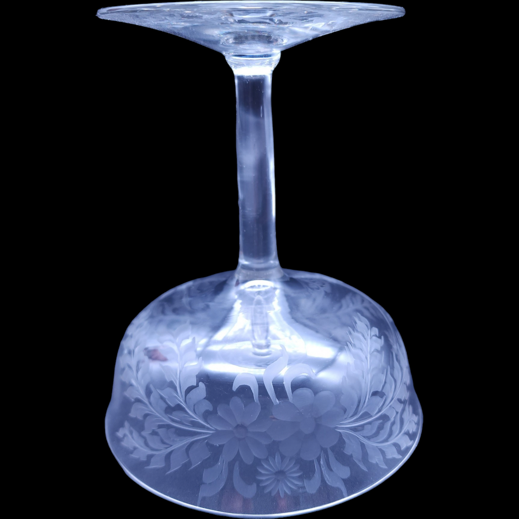 Antique Hand Cut Clear Crystal Etched Floral Design Champagne Glass