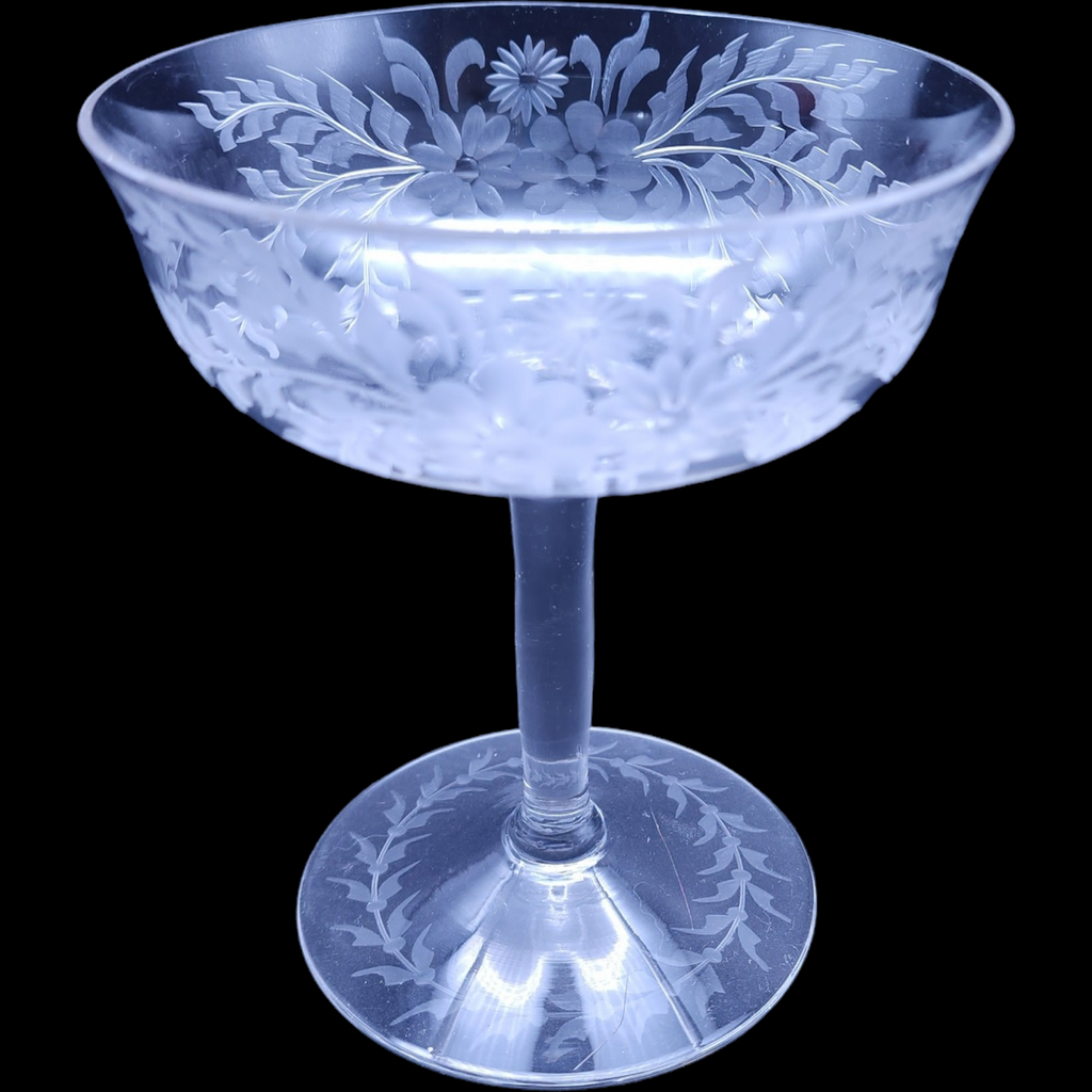 Antique Hand Cut Clear Crystal Etched Floral Design Champagne Glass