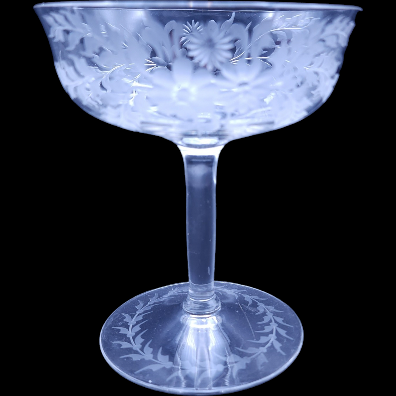 Antique Hand Cut Clear Crystal Etched Floral Design Champagne Glass