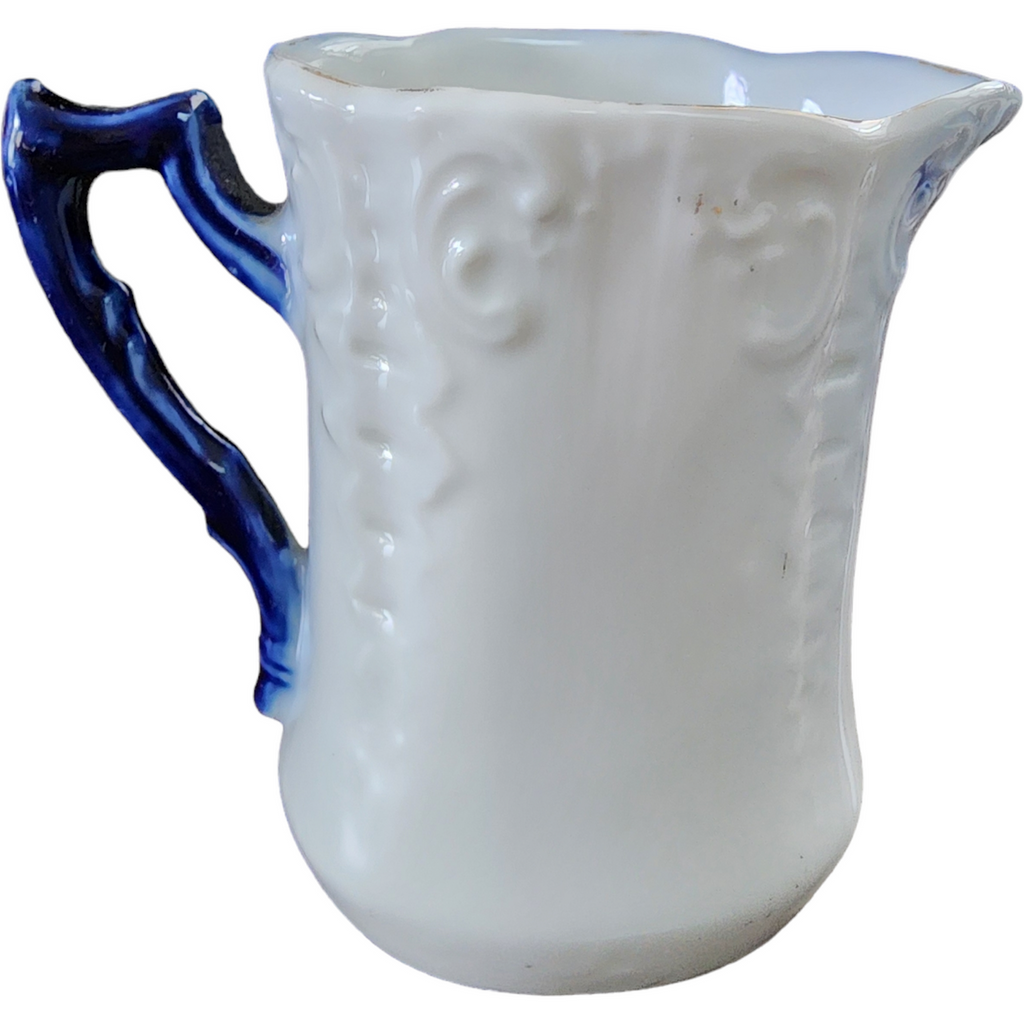 Antique Hand Painted Flow Blue Porcelain Handled Cobalt Gold Creamer