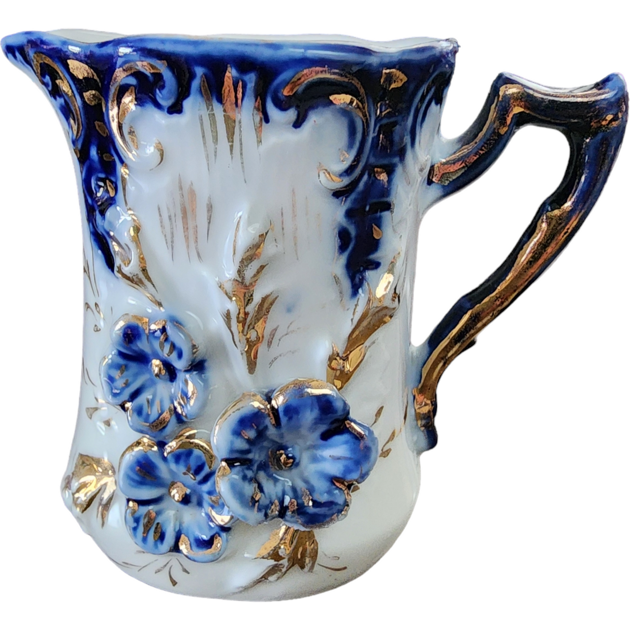 Antique Hand Painted Flow Blue Porcelain Handled Cobalt Gold Creamer