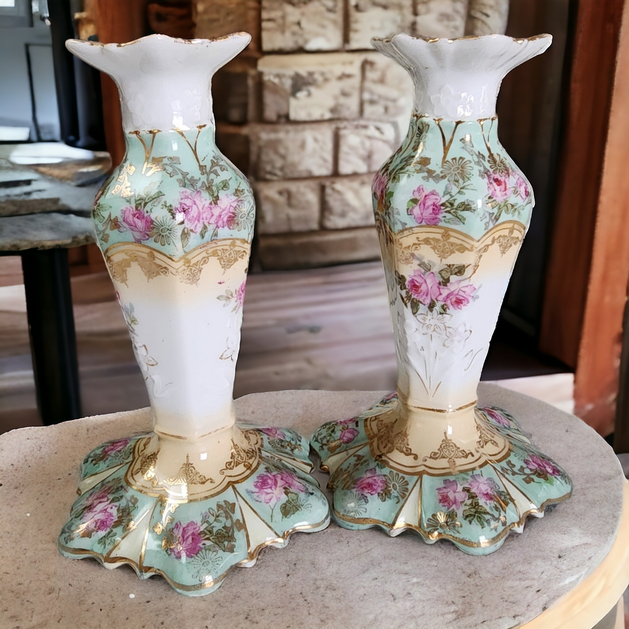 Antique Hand Painted & Gilt Floral Porcelain Candlesticks German