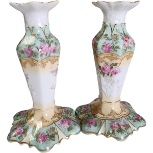Antique Hand Painted & Gilt Floral Porcelain Candlesticks German
