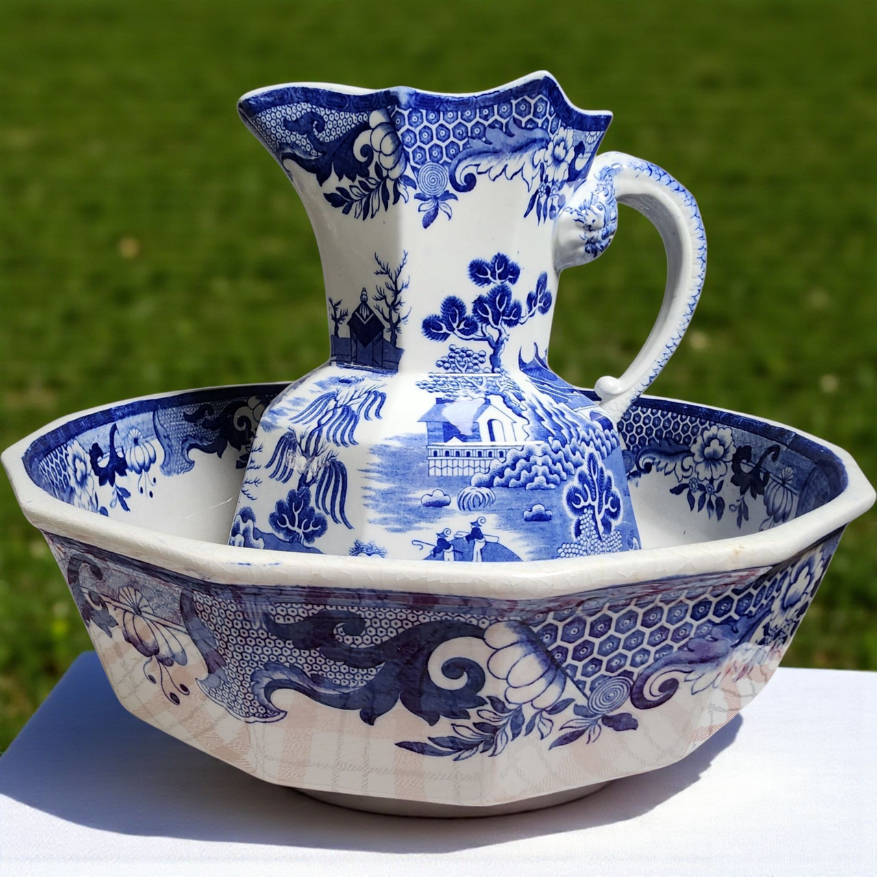 Antique Hanley England Blue Willow Ironstone Pitcher & Wash Basin Set Blue & White Transferware Octagonal Bowl c.1900