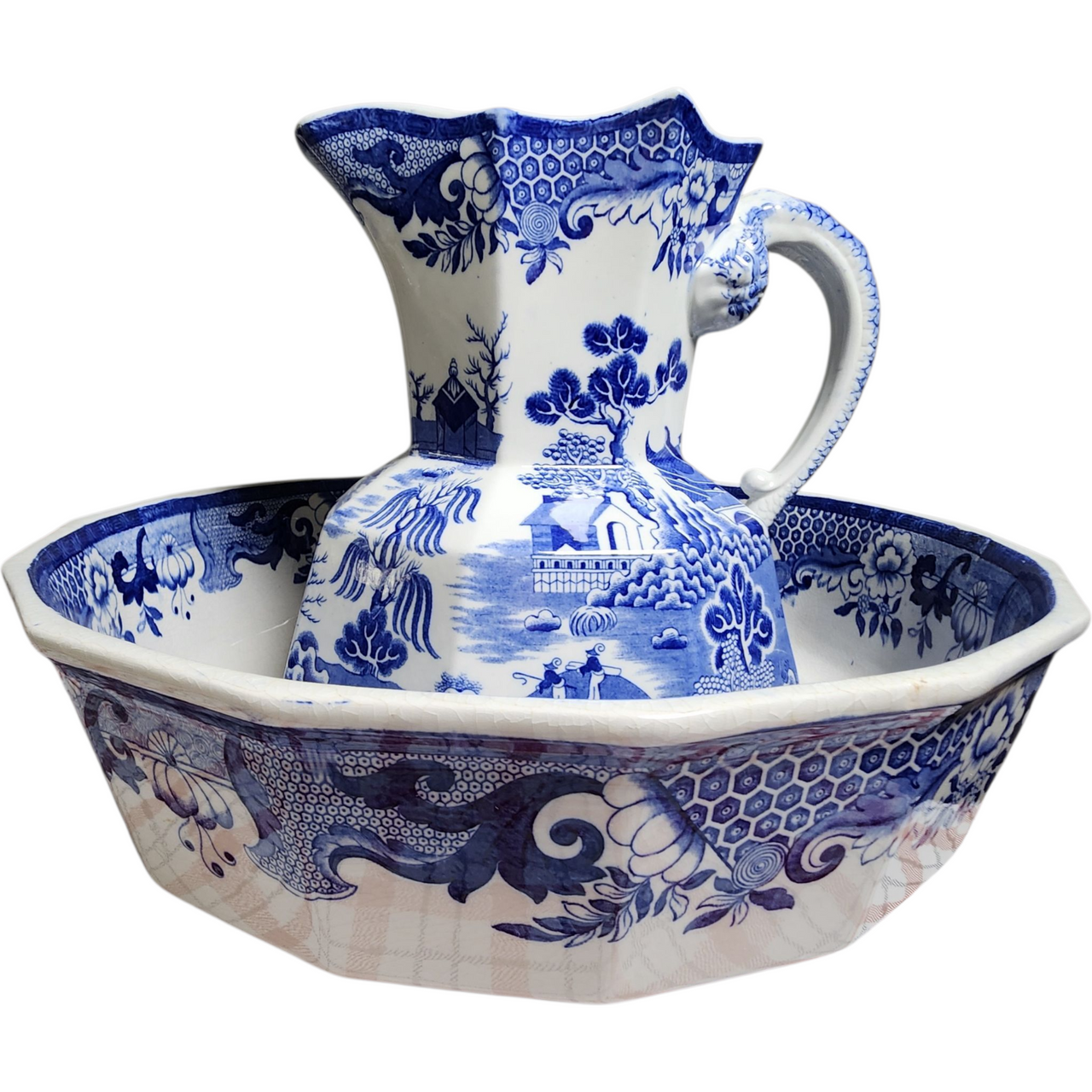 Antique Hanley England Blue Willow Ironstone Pitcher & Wash Basin Set Blue & White Transferware Octagonal Bowl c.1900