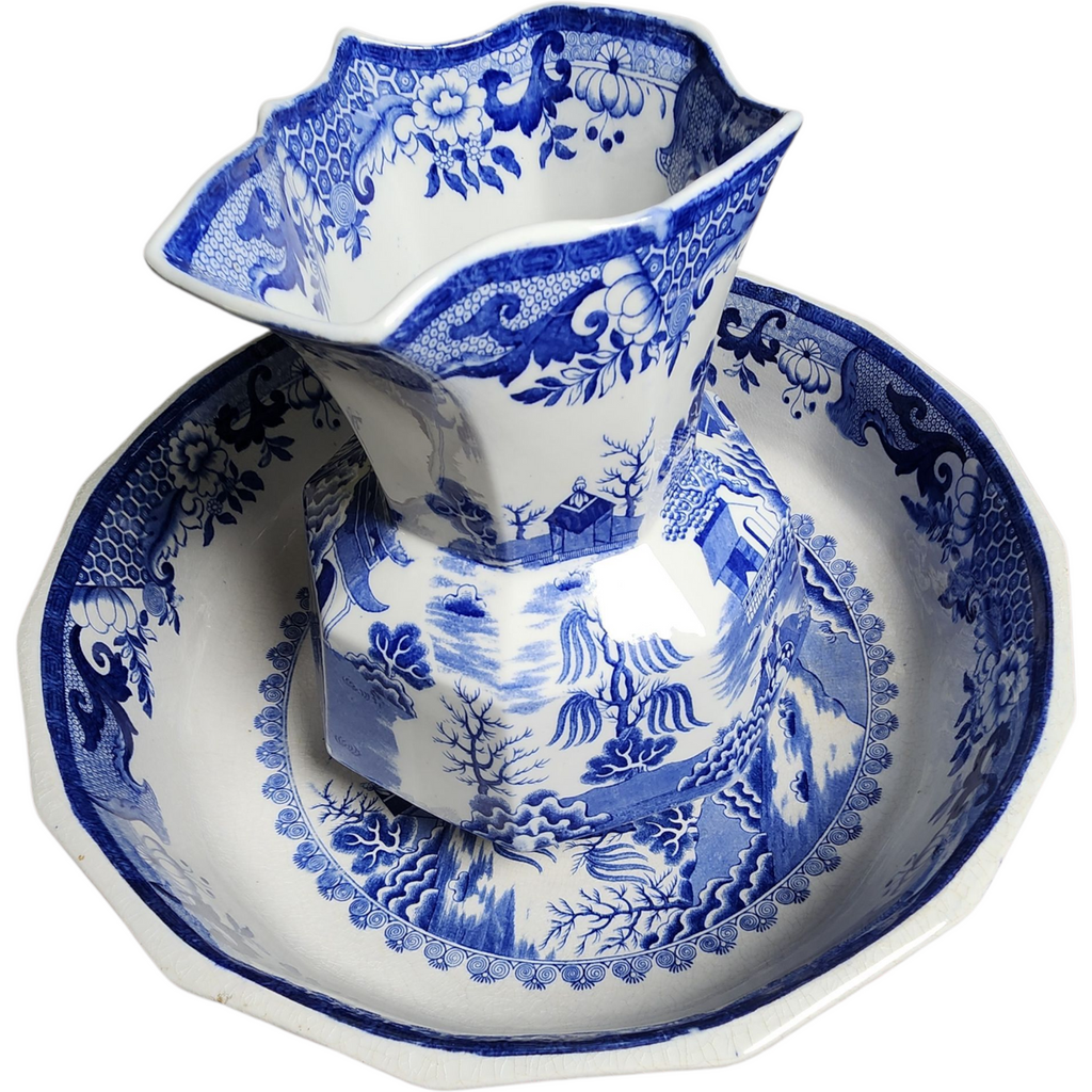 Antique Hanley England Blue Willow Ironstone Pitcher & Wash Basin Set Blue & White Transferware Octagonal Bowl c.1900