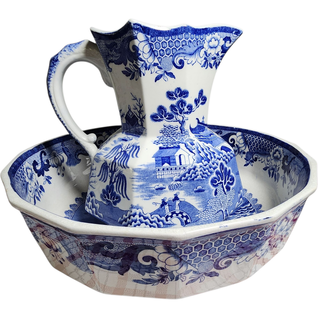 Antique Hanley England Blue Willow Ironstone Pitcher & Wash Basin Set Blue & White Transferware Octagonal Bowl c.1900