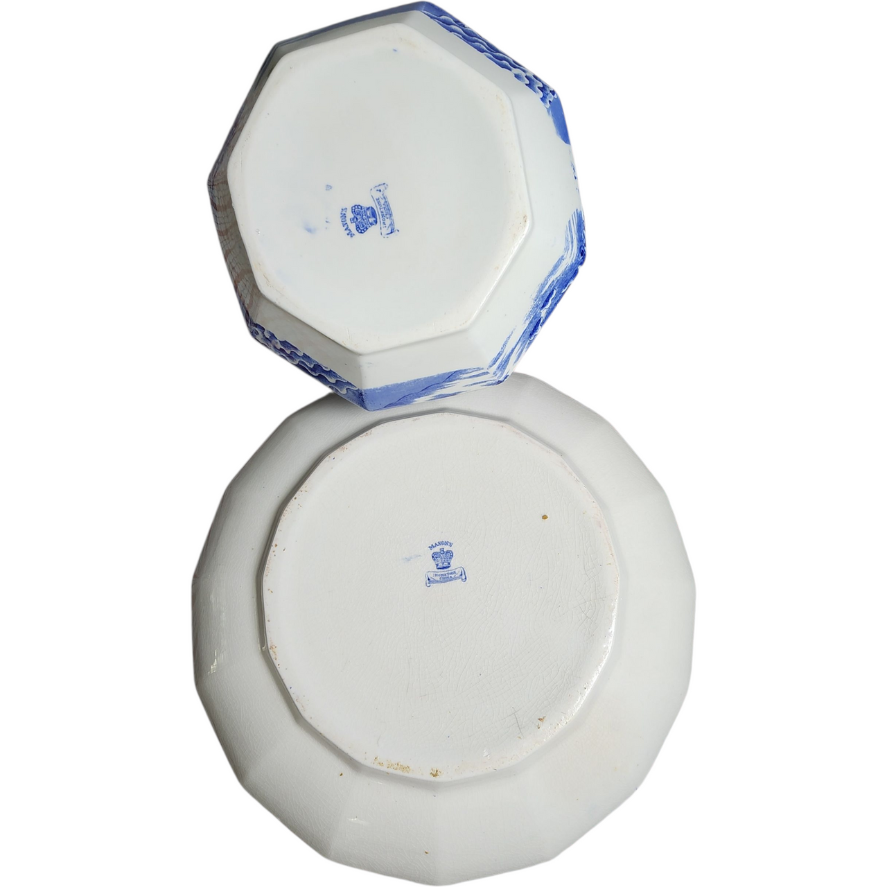 Antique Hanley England Blue Willow Ironstone Pitcher & Wash Basin Set Blue & White Transferware Octagonal Bowl c.1900
