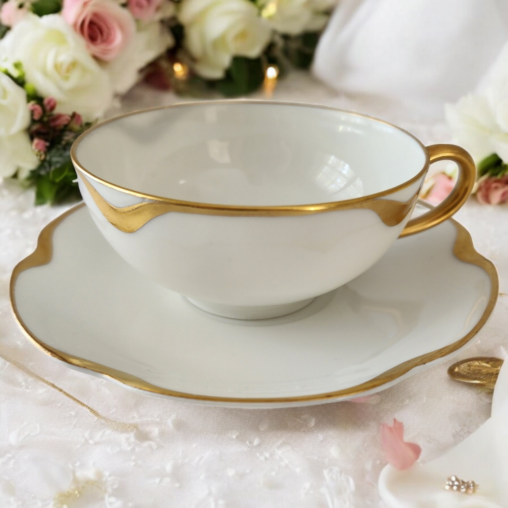 Antique Haviland & Co. Limoges France Cup & Saucer Silver Anniversary White Porcelain Gold Trim Scalloped Rim