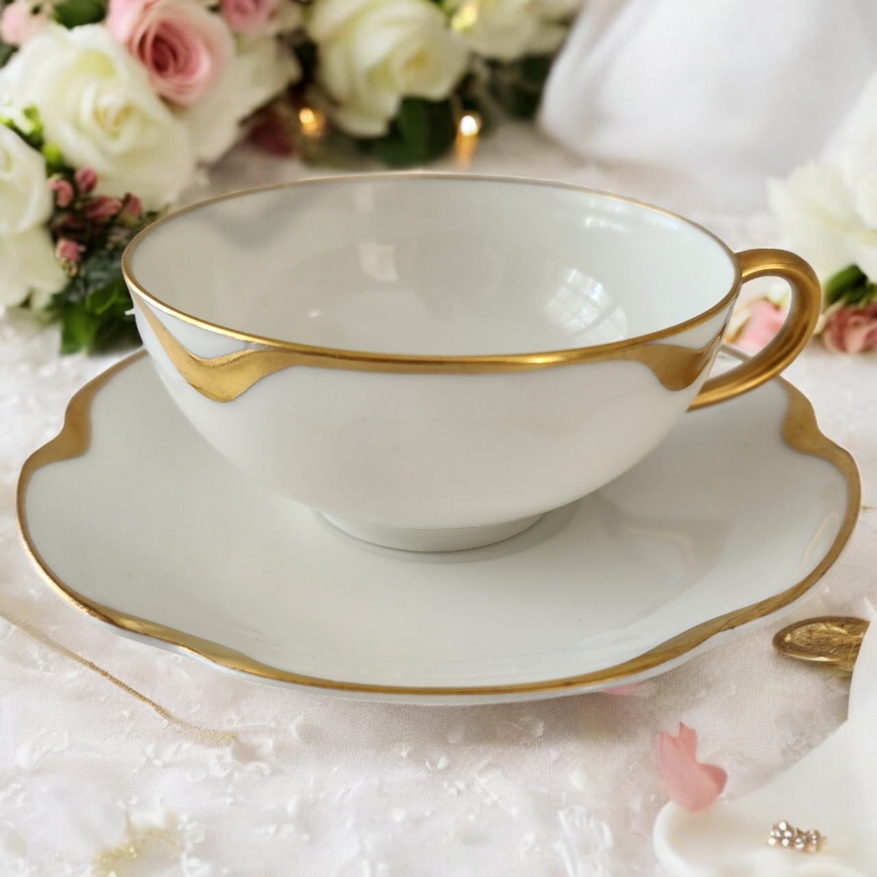 Antique Haviland & Co. Limoges France Cup & Saucer Silver Anniversary White Porcelain Gold Trim Scalloped Rim