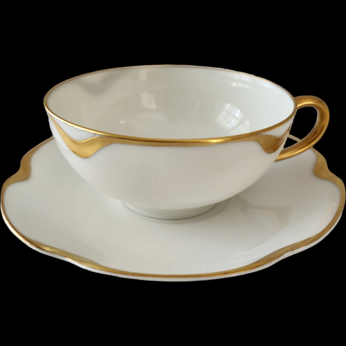 Antique Haviland & Co. Limoges France Cup & Saucer Silver Anniversary White Porcelain Gold Trim Scalloped Rim
