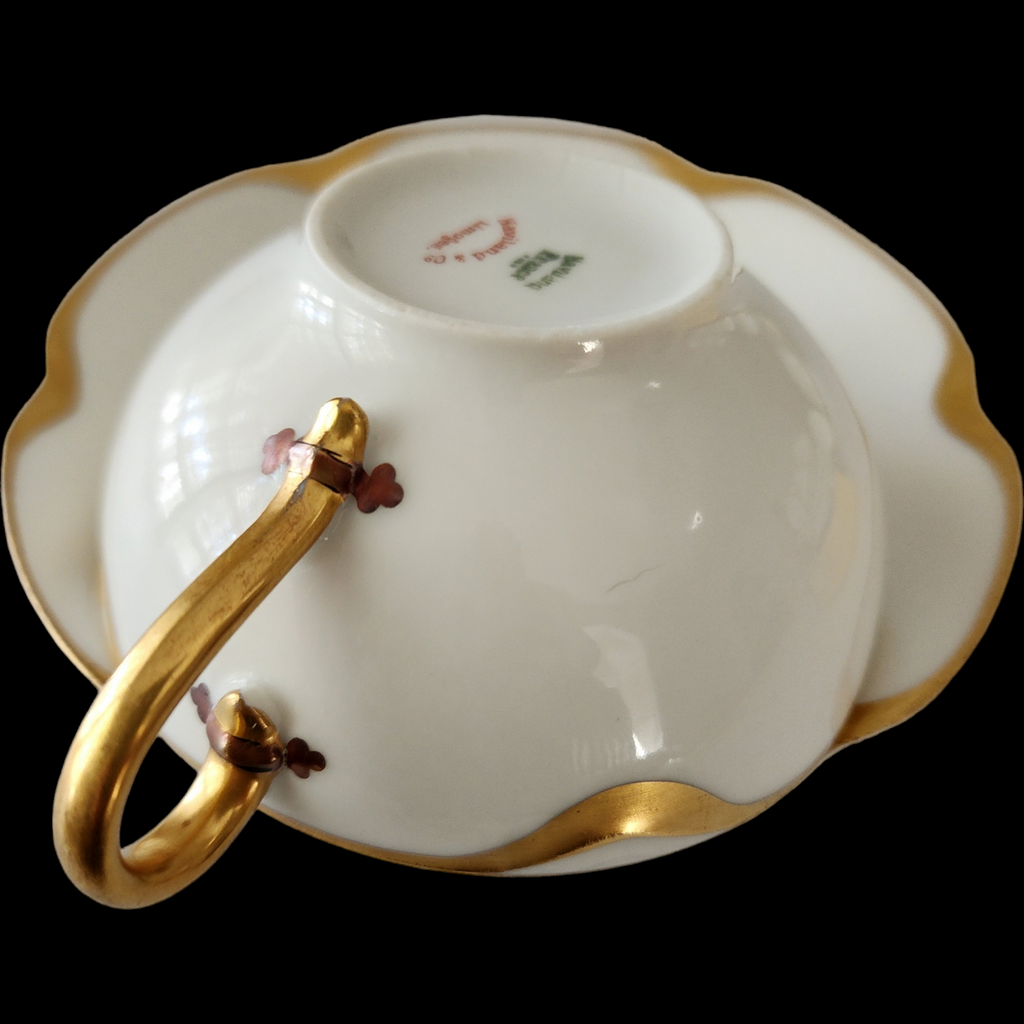 Antique Haviland & Co. Limoges France Cup & Saucer Silver Anniversary White Porcelain Gold Trim Scalloped Rim