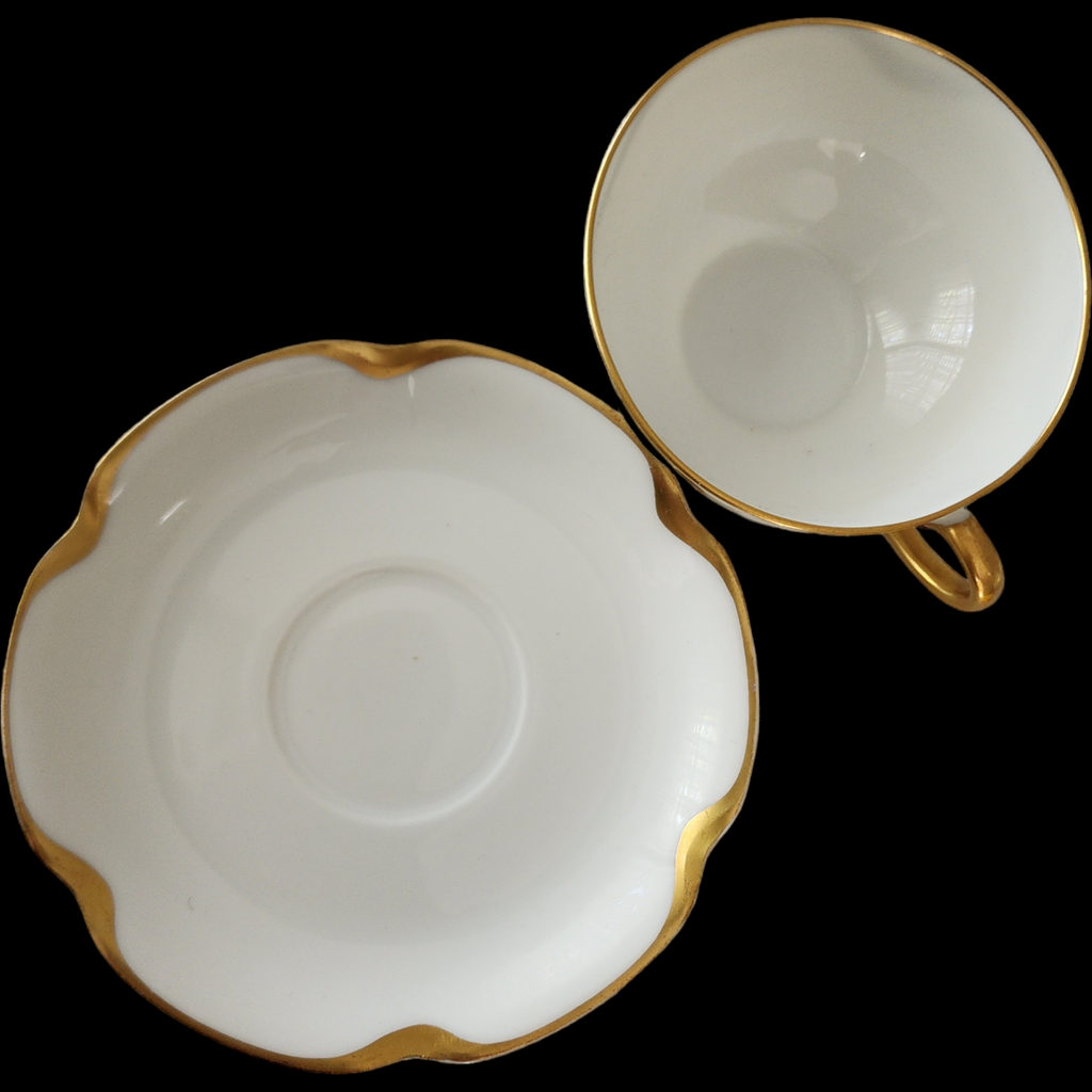 Antique Haviland & Co. Limoges France Cup & Saucer Silver Anniversary White Porcelain Gold Trim Scalloped Rim